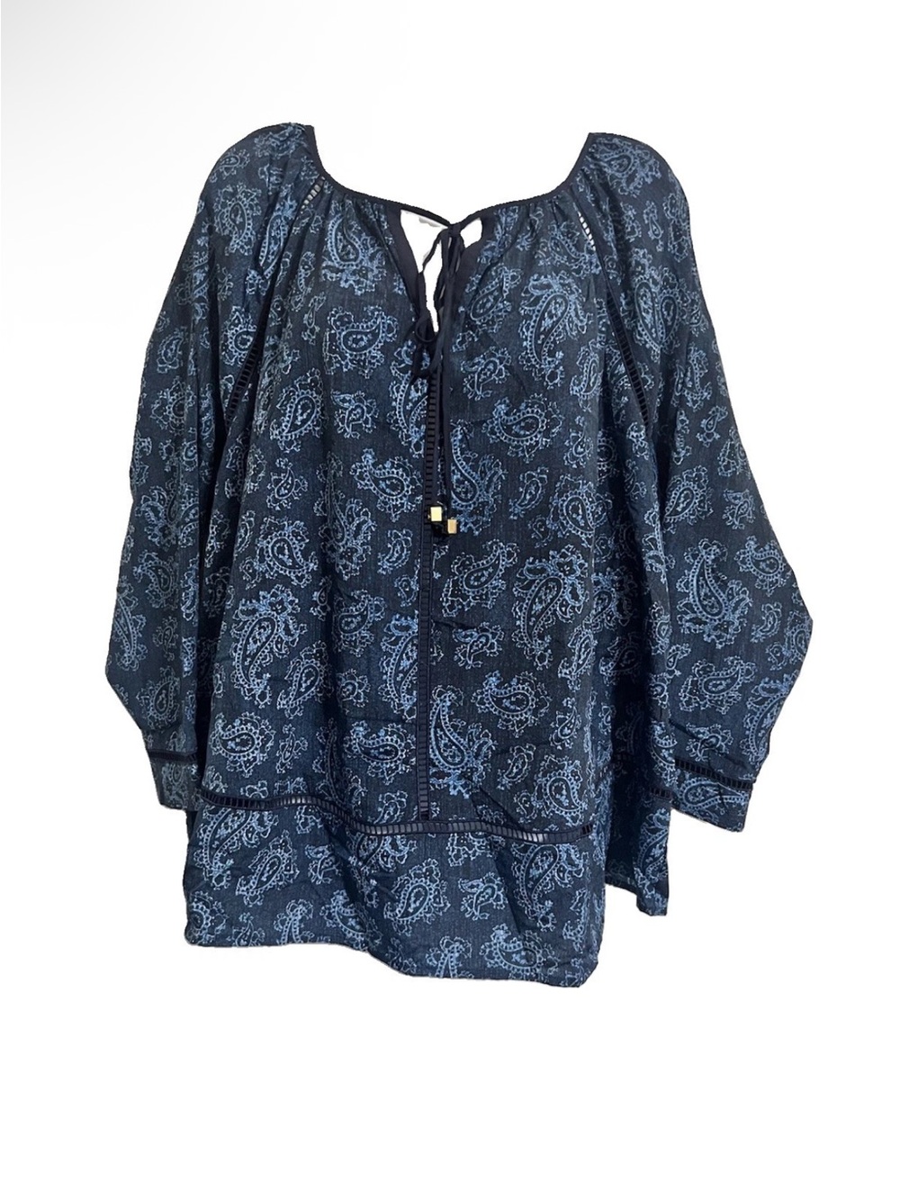 Michael Kors Navy Blue Paisley Logo Gold Hardware Tie-Neck Ladder Stitching Top